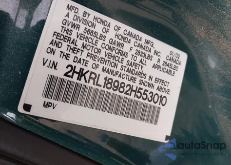 2002 Honda Odyssey Ex-L z USA, uszkodzony, nr VIN 2HKRL18982H553010